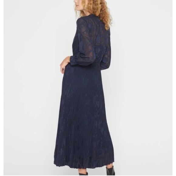 Club Monaco Pleated Jacquard Shirt Dress Navy Blue Midi Sheer Long Sleeve 8 - Picture 2 of 8